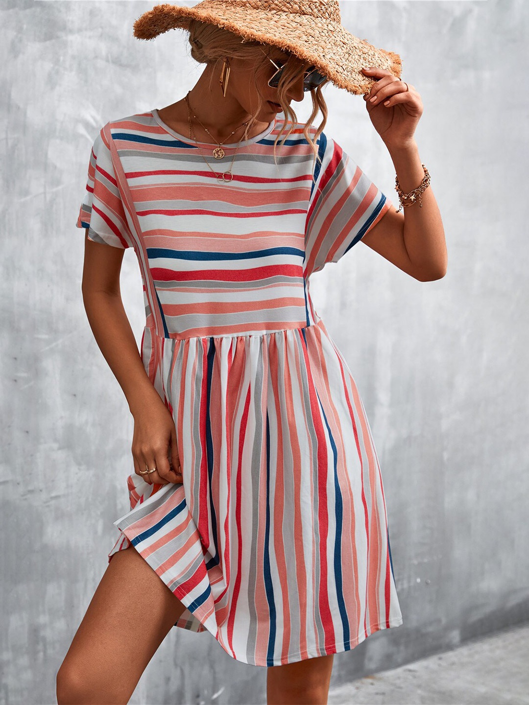 

BoStreet Orange Striped Print Extended Sleeve A-Line Dress