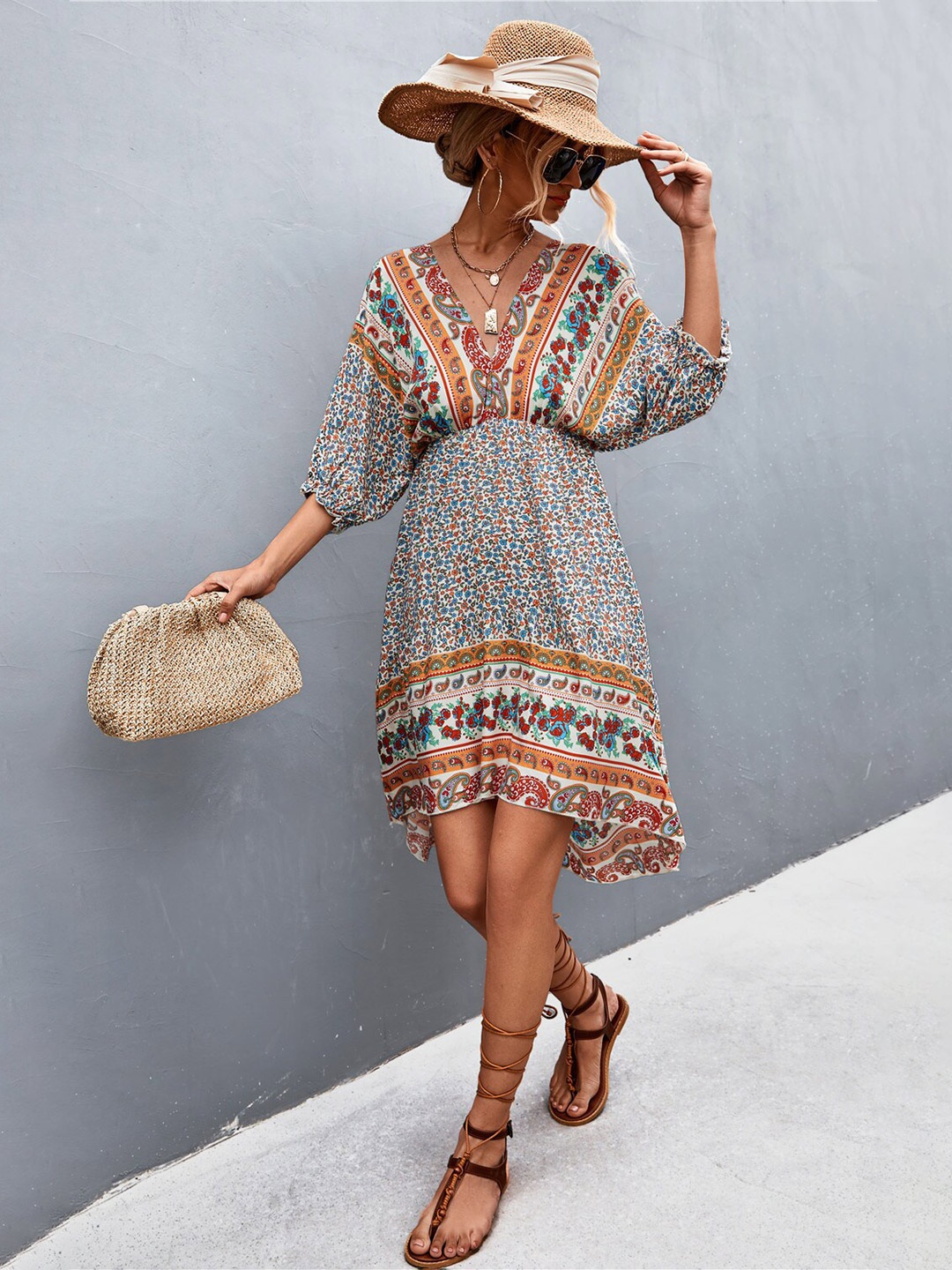 

BoStreet Floral Print Batwing Sleeve A-Line Dress, Beige