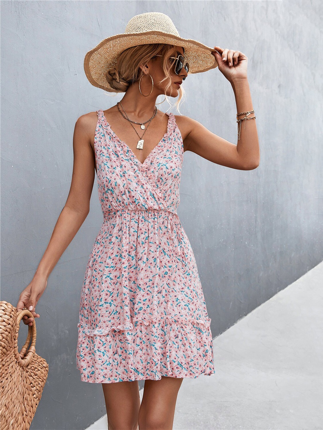 

BoStreet Pink Floral Printed Shoulder Straps Fit & Flare Dress