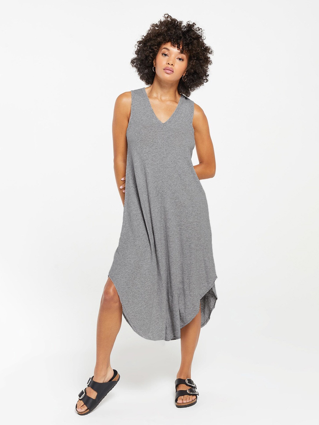 

StyleCast Solid Grey Melange A-Line Midi Dress
