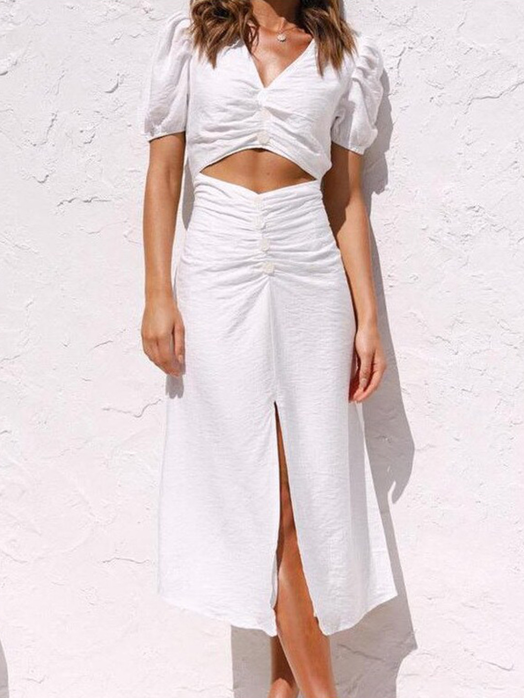 

BoStreet V-neck Cotton Cut-out A-line Midi Dress, White