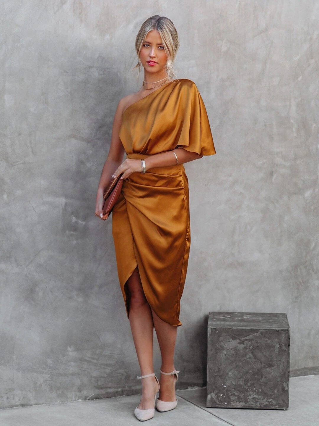 

BoStreet Mustard Ruched One Shoulder Flared Sleeve A-Line Dress
