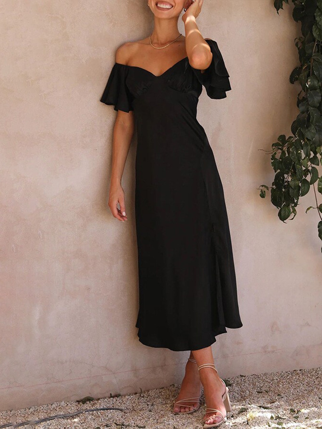 

BoStreet Black Off-Shoulder A-Line Midi Dress