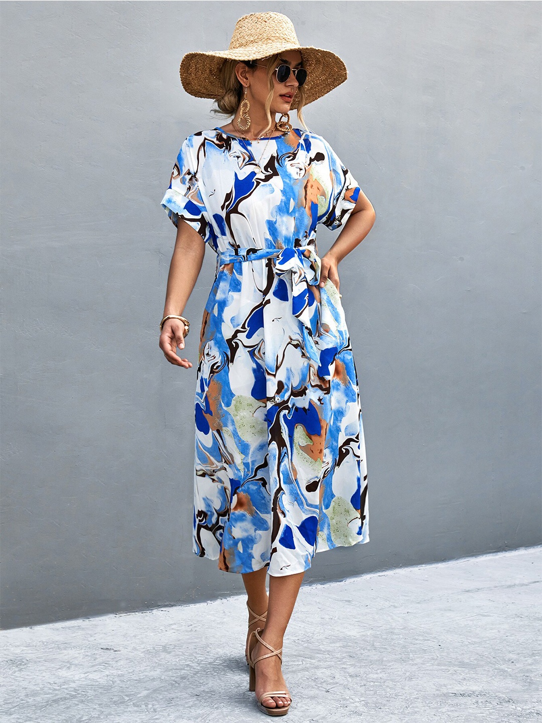 

StyleCast Blue & White Abstract Printed Round Neck Fit & Flare Midi Dress