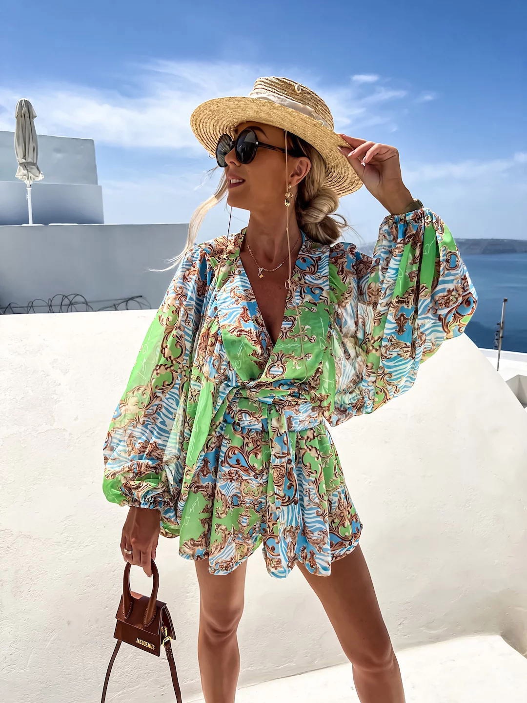 

BoStreet Green & Blue Floral Printed V-Neck Puff Sleeves Fit & Flare Dress