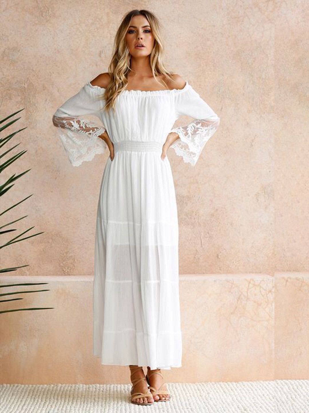 

StyleCast Solid White Self Design Off-Shoulder Cotton Maxi Tiered Dress