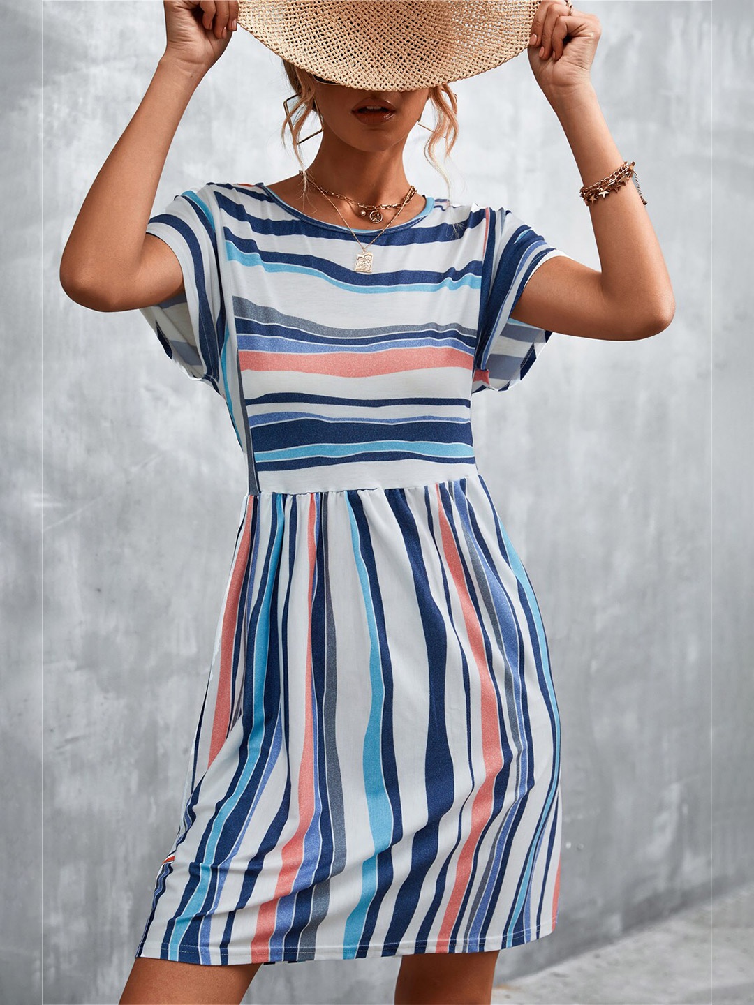 

BoStreet Blue Striped Printed Gathers Detailed Fit & Flare Dress, White