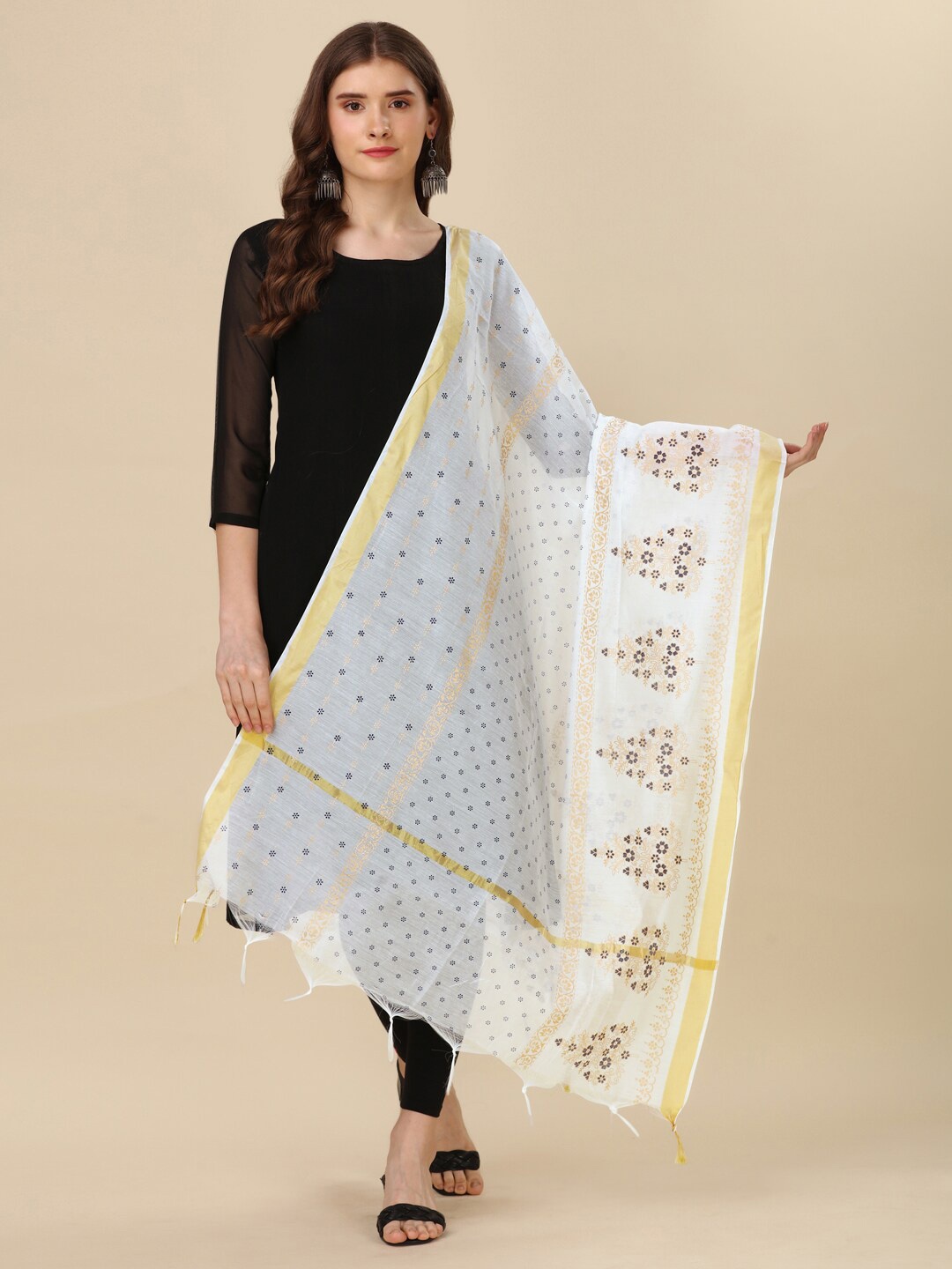 

Mitera Ethnic Motifs Printed Chiffon Dupatta with Zari, White