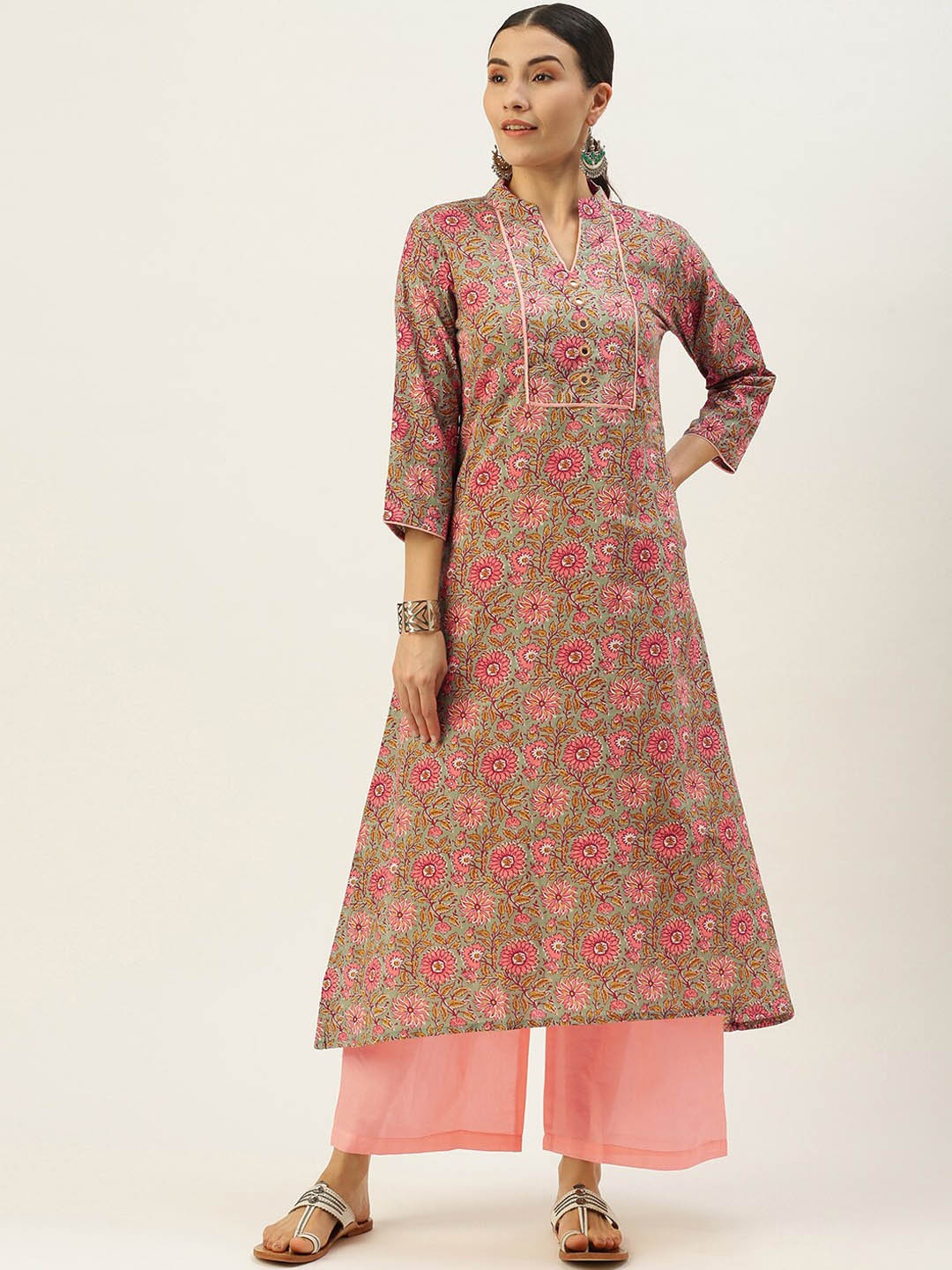 

KALINI Ethnic Motifs Printed Regular Pure Cotton Kurta With Palazzos, Green