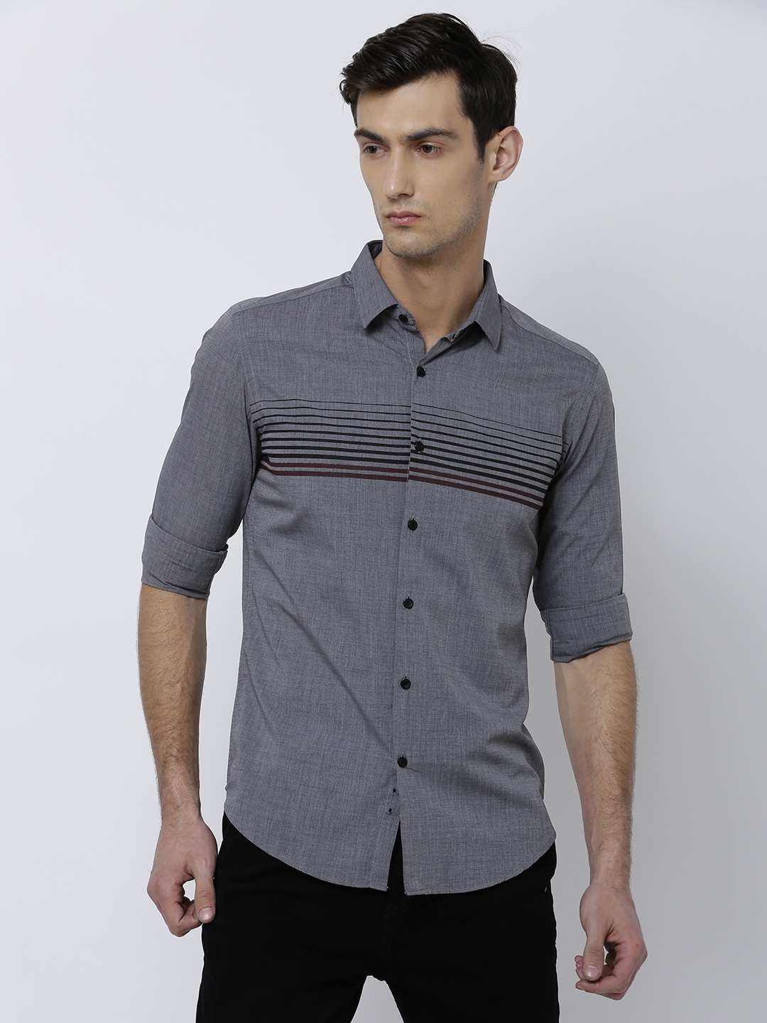 

Black coffee Men Grey Slim Fit Solid Casual Shirt