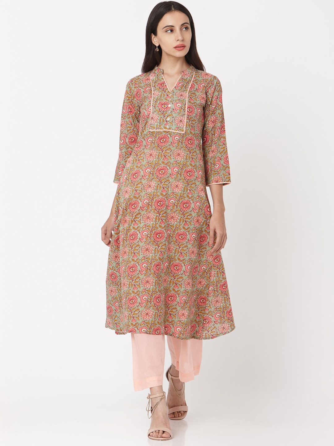 

KALINI Floral Printed A-Line Pure Cotton Kurta with Palazzos, Green