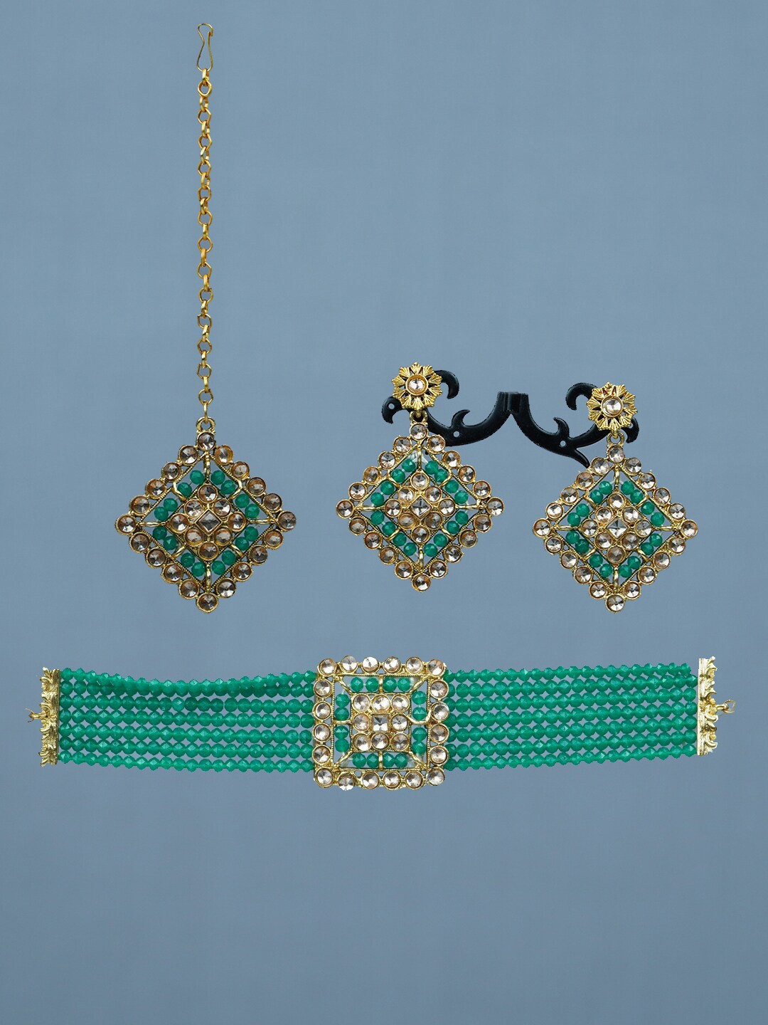 

Diksha collection Gold-Plated Stone-Studded & Beaded JewellerySet