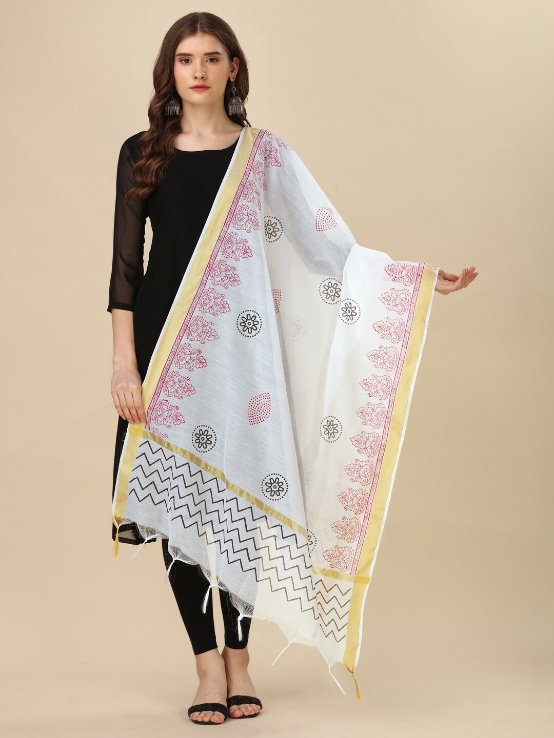 

ORUS Ethnic Motifs Printed Chiffon Dupatta With Zari, White