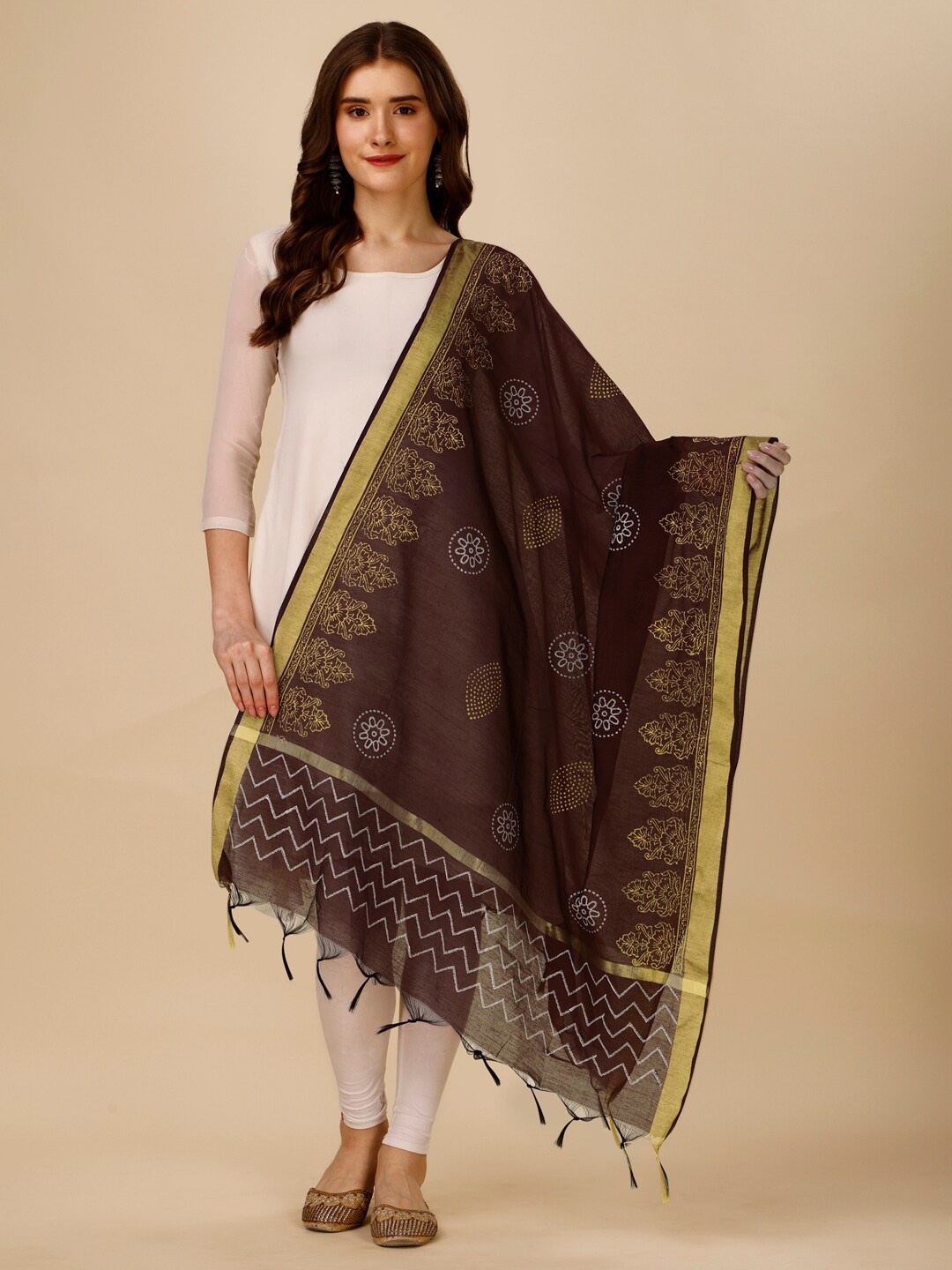

ORUS Ethnic Motifs Printed Chiffon Dupatta, Brown