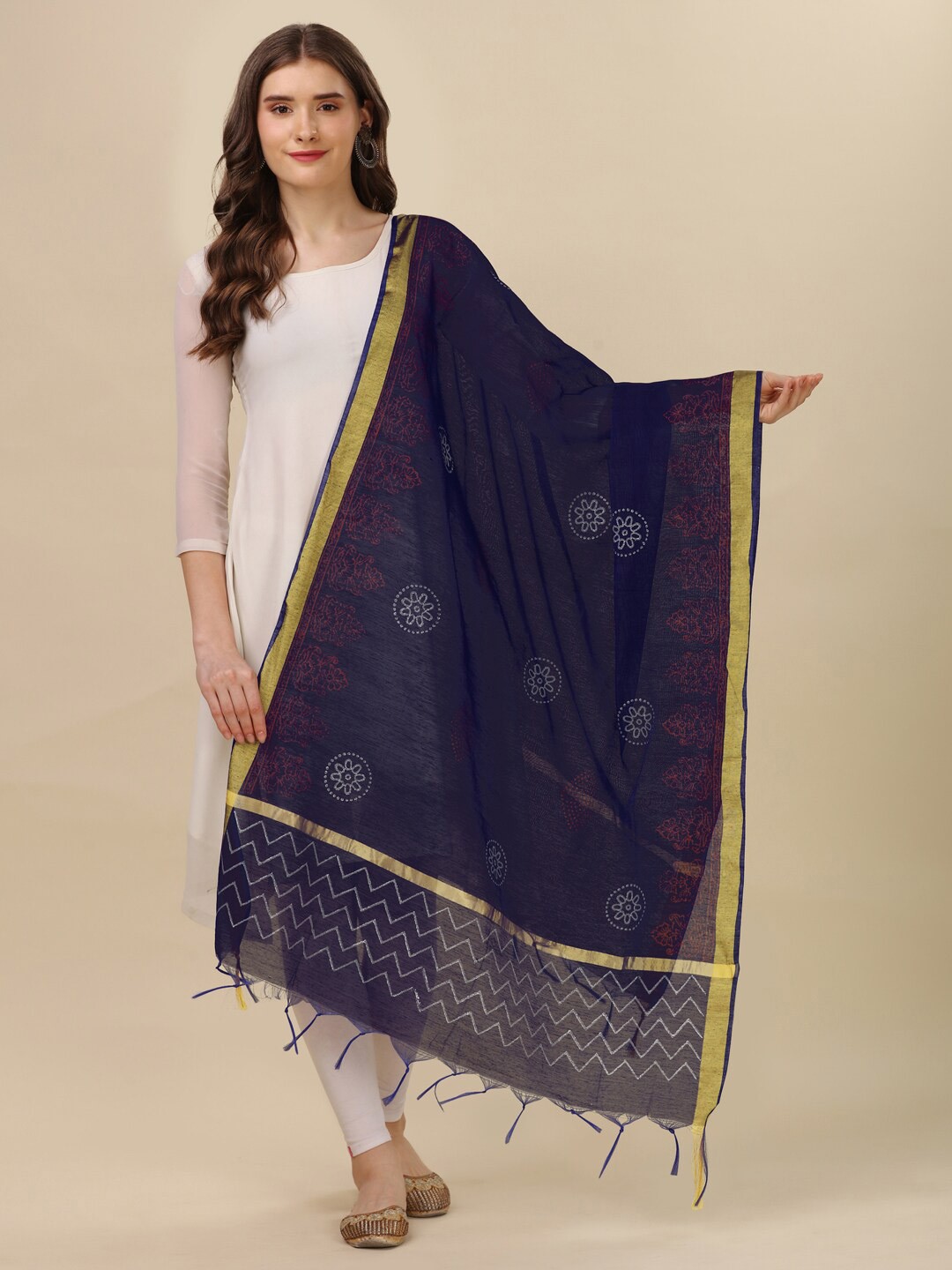 

ORUS Ethnic Motifs Printed Chiffon Dupatta, Navy blue