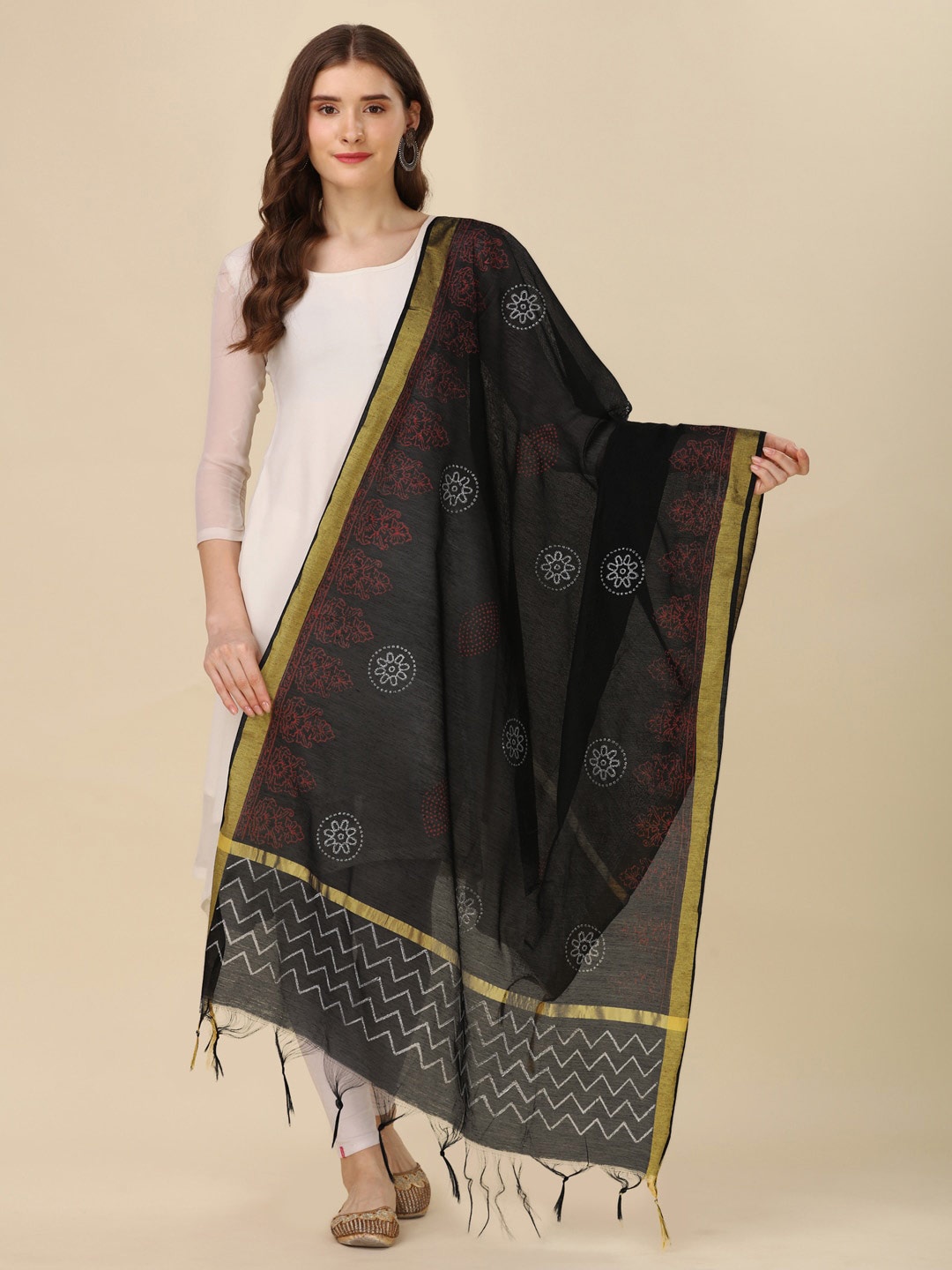 

ORUS Ethnic Motifs Printed Chiffon Dupatta, Black