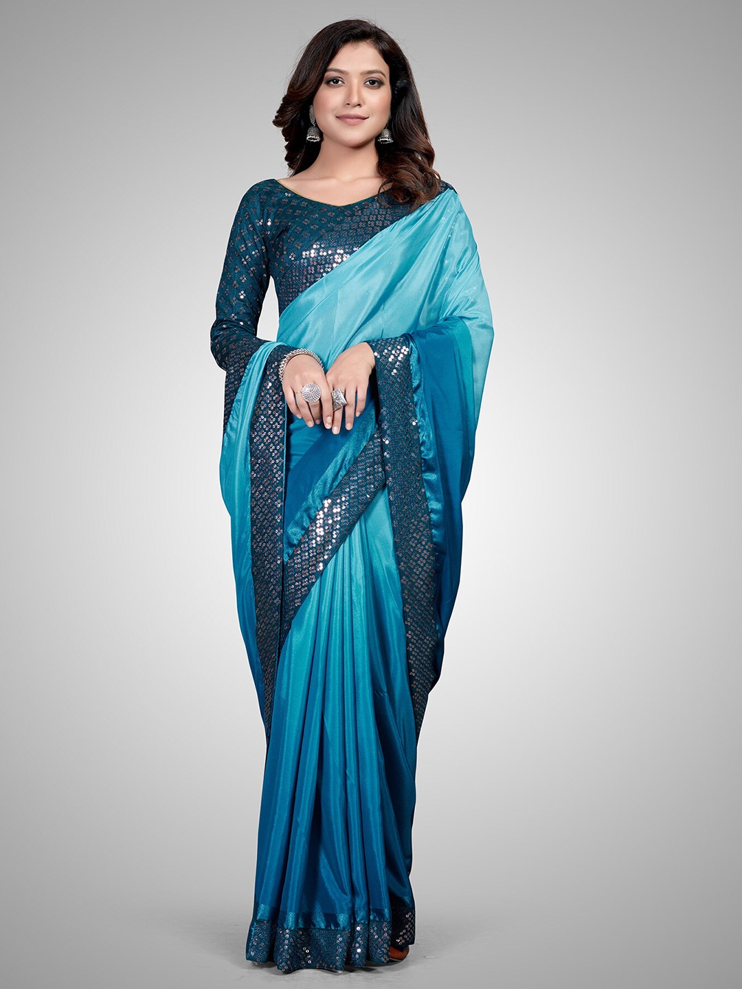 

KALINI Embellished Sequinned Silk Blend Saree, Turquoise blue