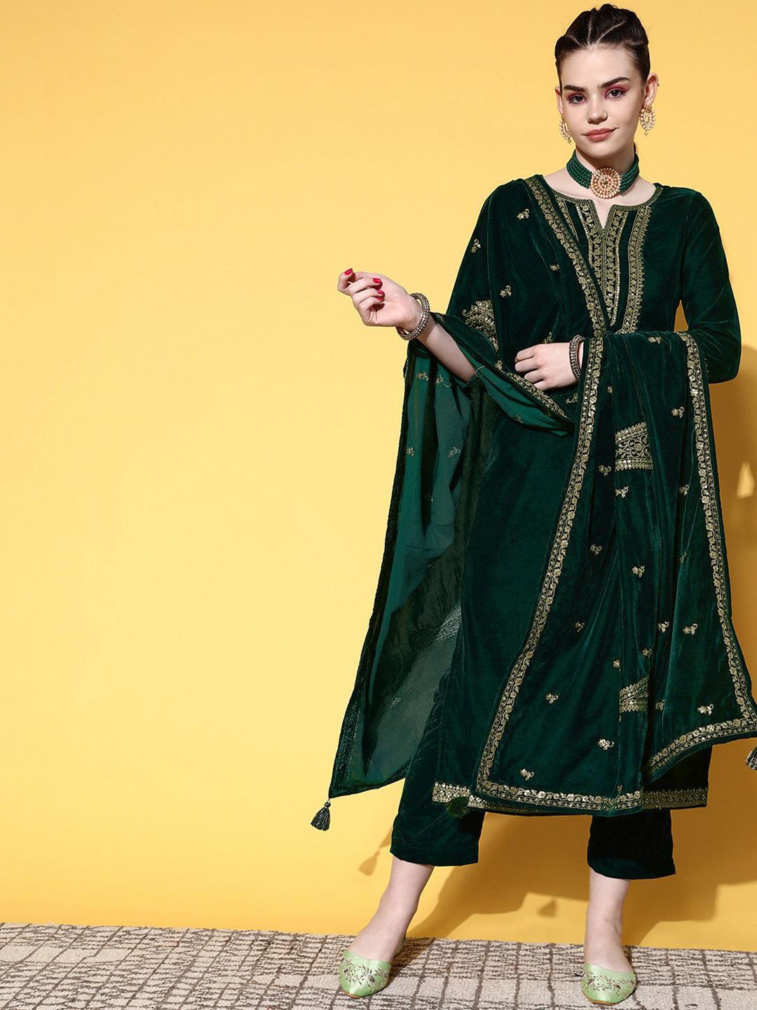 

Libas Green Floral Embroidered Velvet Kurta & Trousers With Dupatta