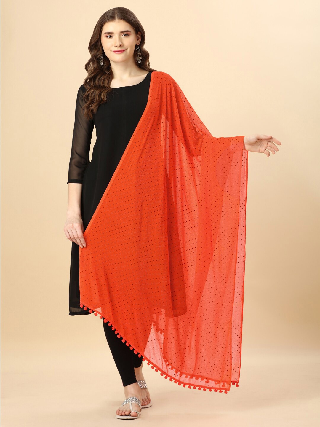 

ORUS Polka Dots Printed Chiffon Dupatta, Orange