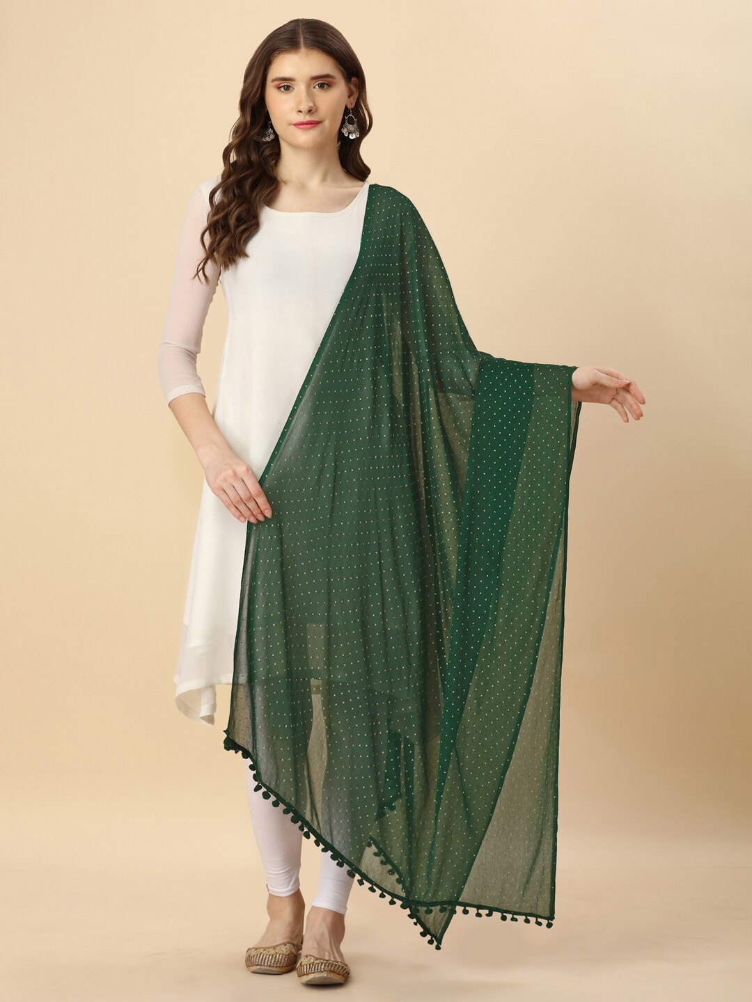 

ORUS Polka Dots Printed Chiffon Dupatta, Green