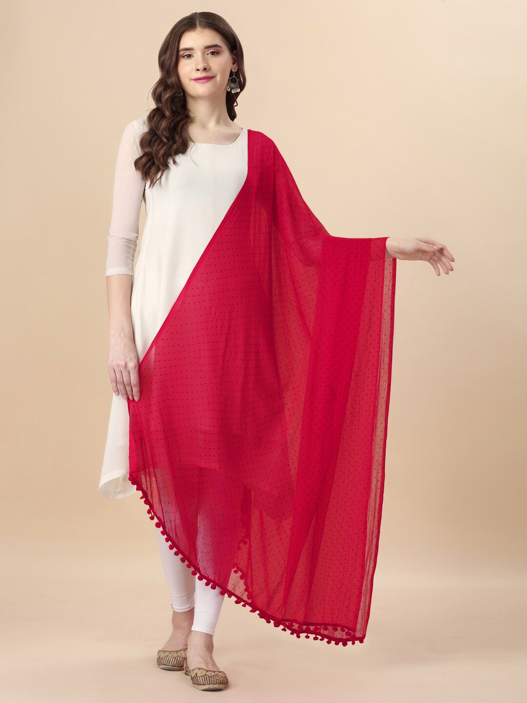 

ORUS Polka Dots Printed Chiffon Dupatta, Red