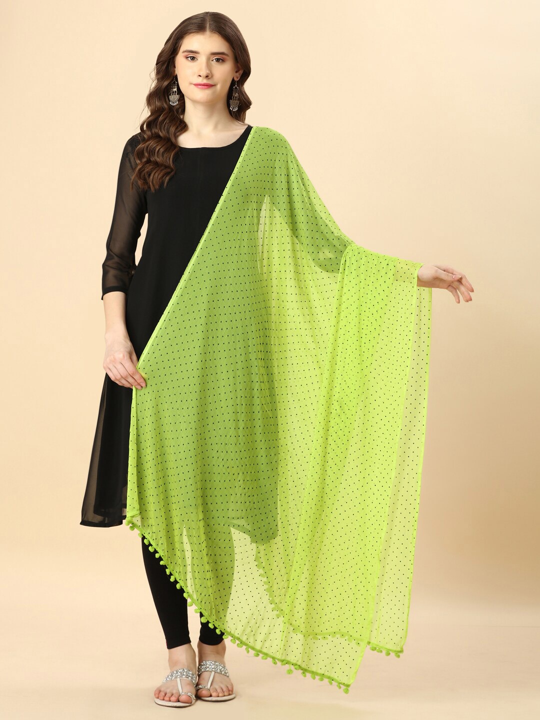 

ORUS Polka Dot Printed Chiffon Dupatta, Lime green