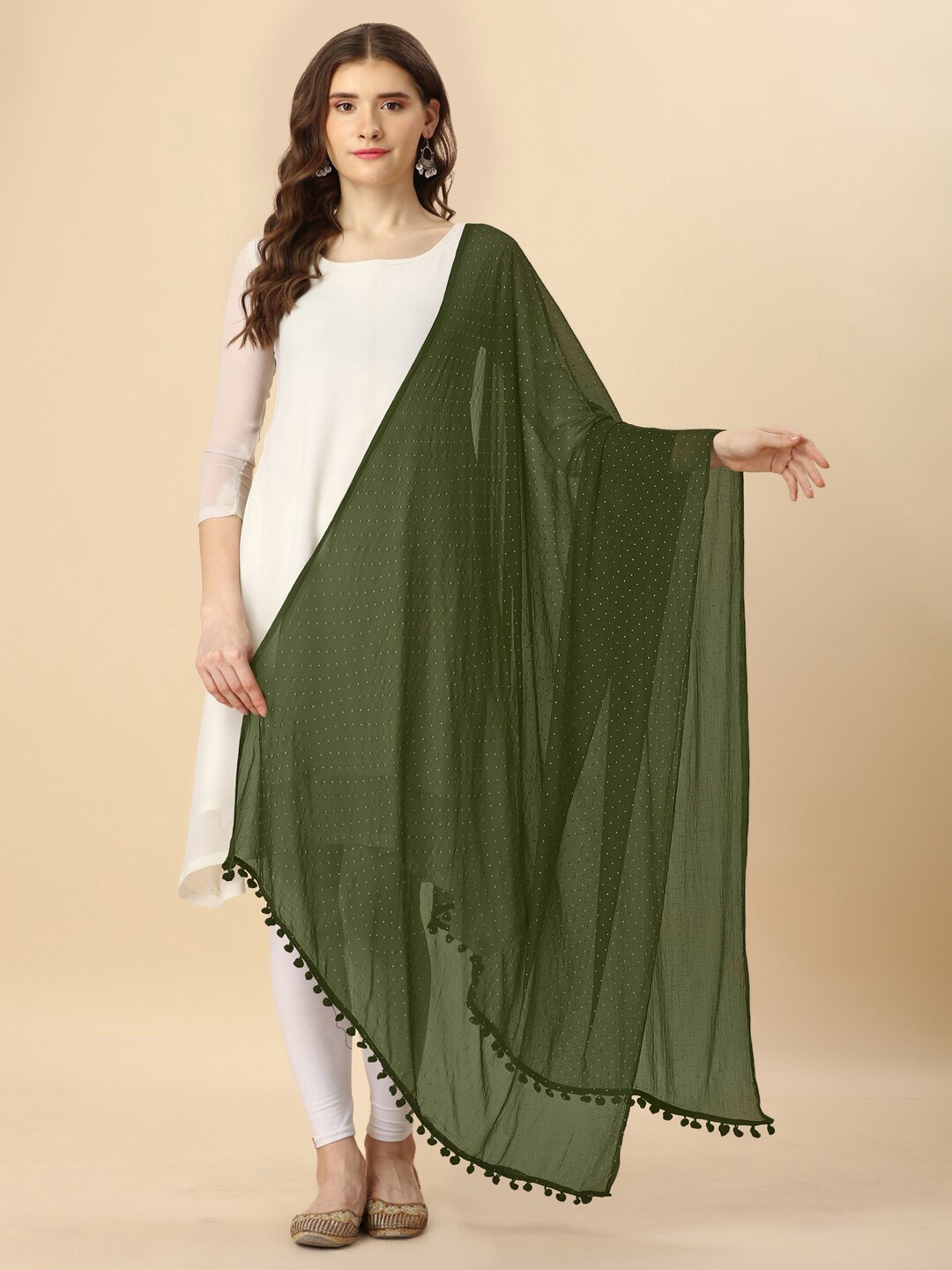 

ORUS Polka Dot Printed Chiffon Dupatta, Olive