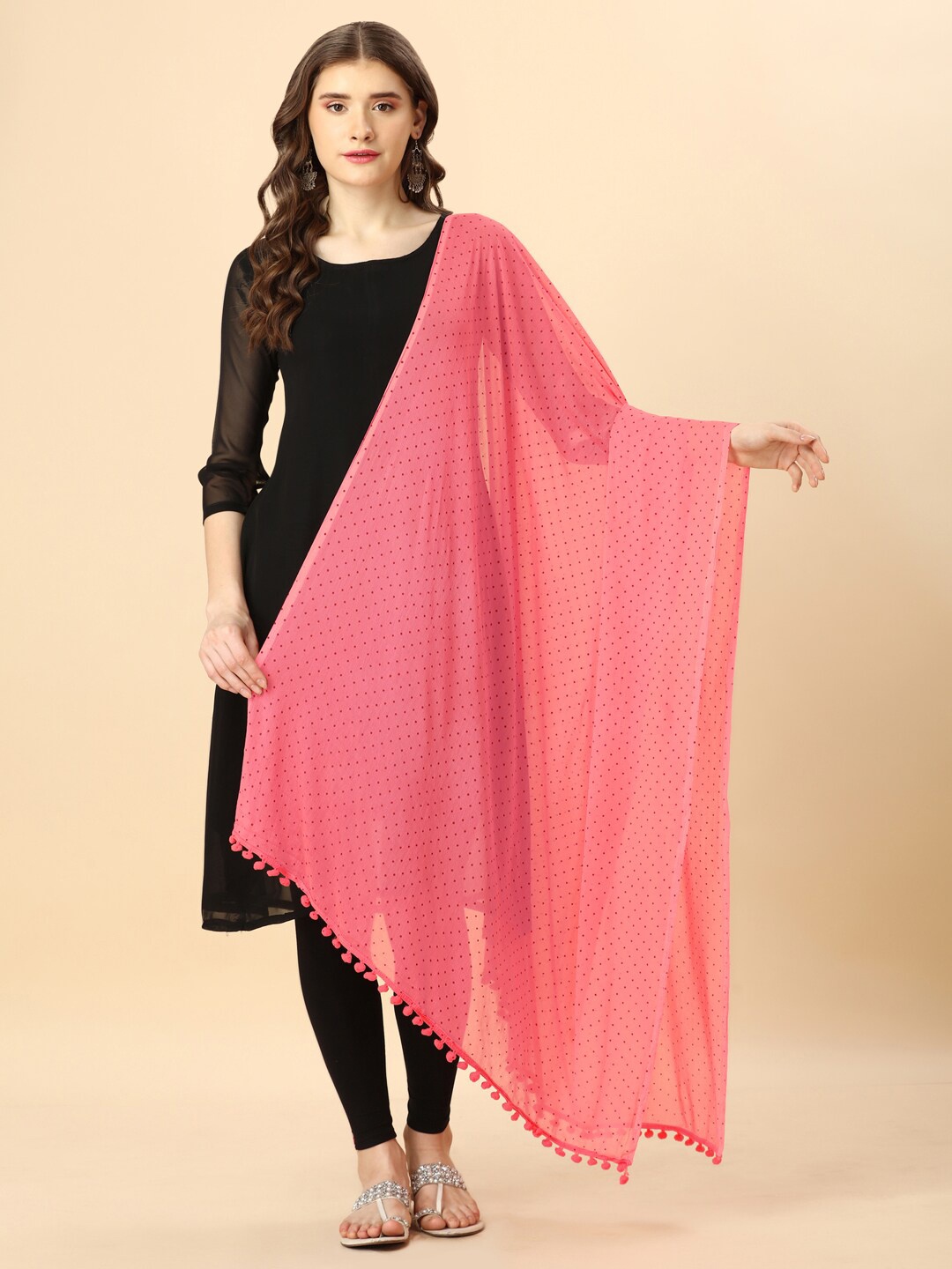

ORUS Polka Dot Printed Chiffon Dupatta, Peach