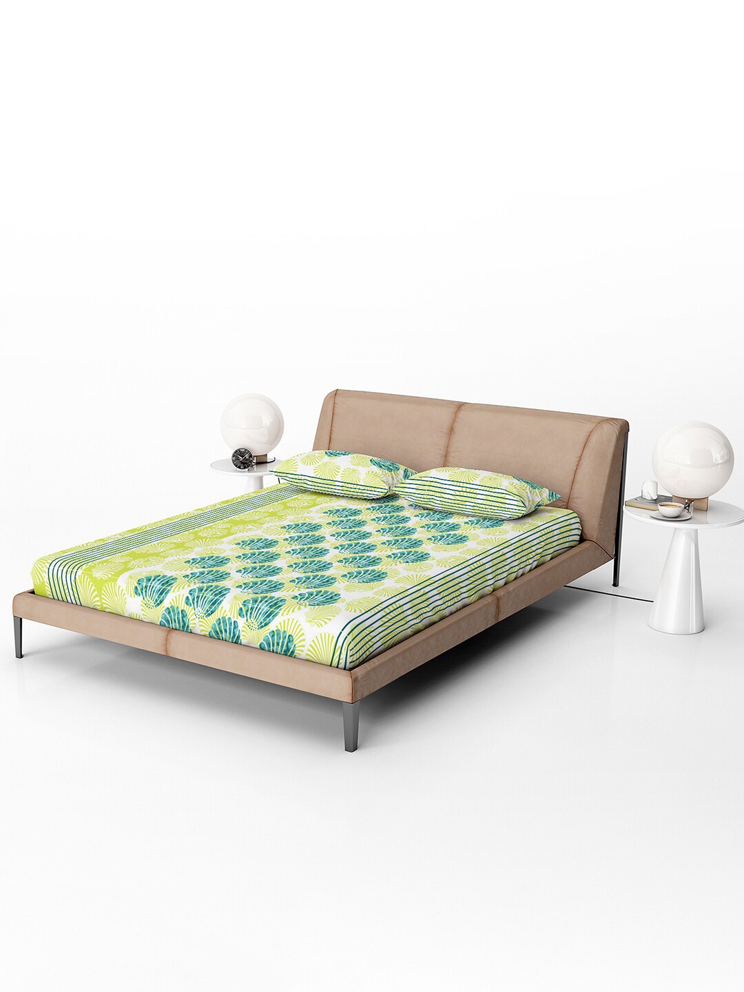 

Divine Casa Blue & Green Floral 120 TC Cotton Fitted Queen Bedsheet With 2 Pillow Covers