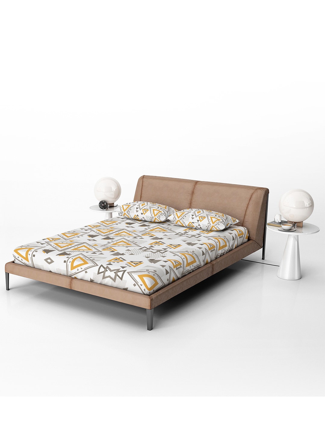 

Divine Casa Orange & White Geometric 120 TC Cotton Fitted Queen Bedsheet & 2 Pillow Covers