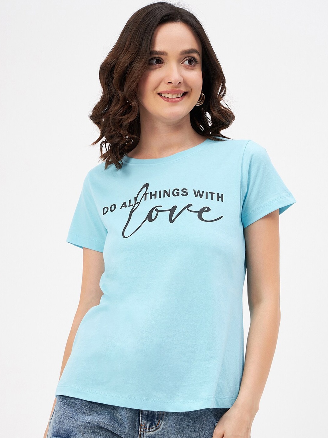 

Mast & Harbour Blue Typography Printed Pure Cotton T-shirt