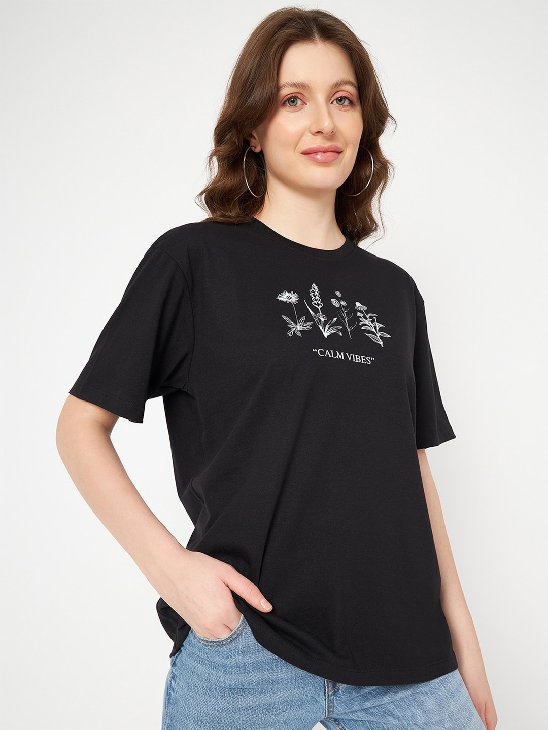 

Mast & Harbour Black Typography Drop-Shoulder Sleeves Pure Cotton T-shirt