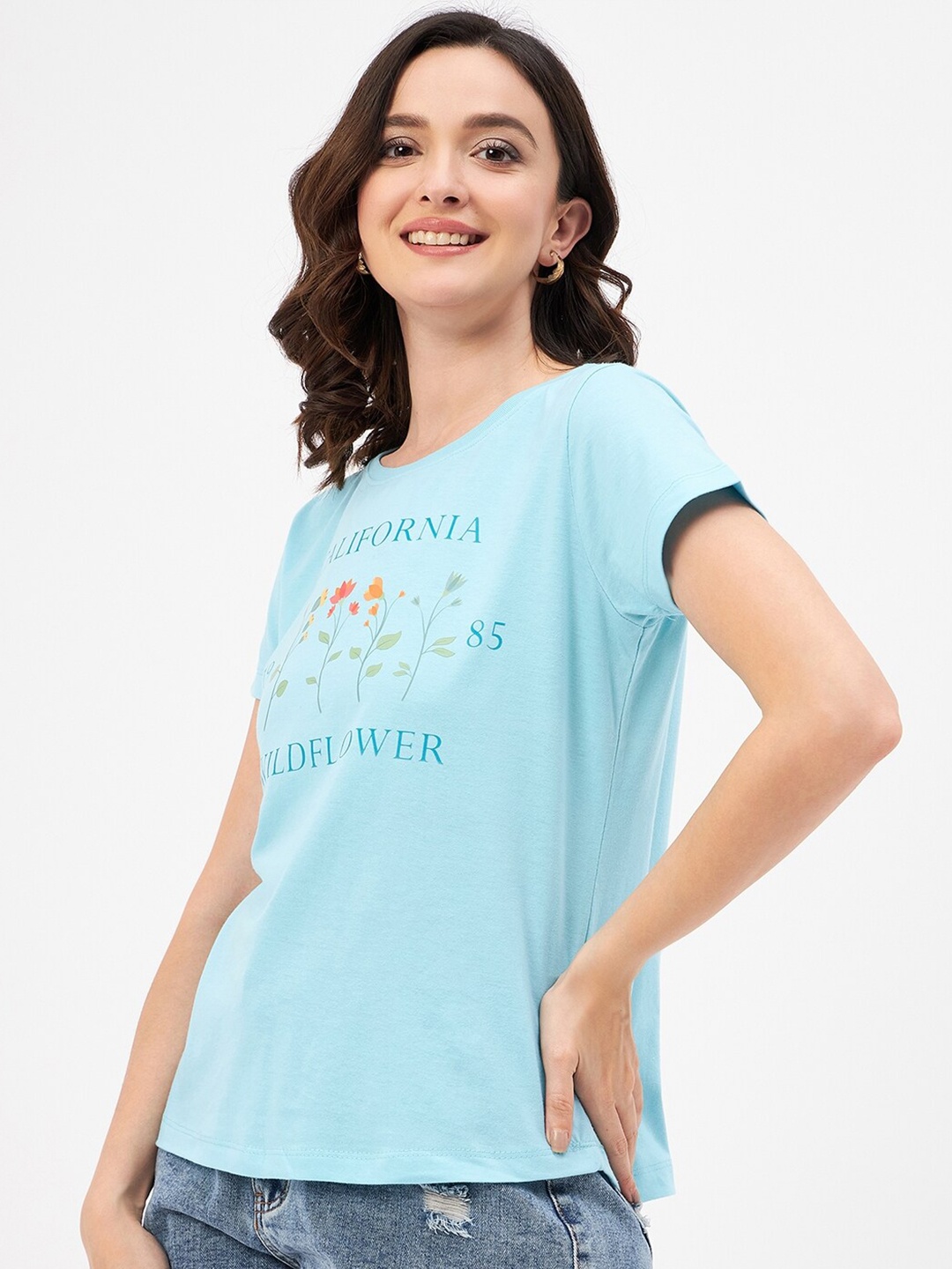 

Mast & Harbour Blue Typography Printed Pure Cotton T-shirt