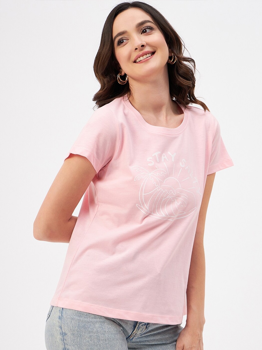 

Mast & Harbour Pink Typography Printed Pure Cotton T-shirt