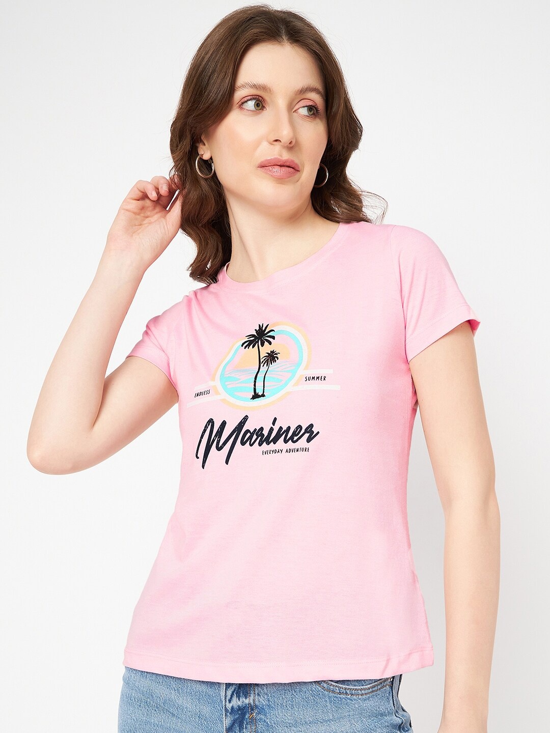 

Mast & Harbour Pink Typography Printed Pure Cotton T-shirt