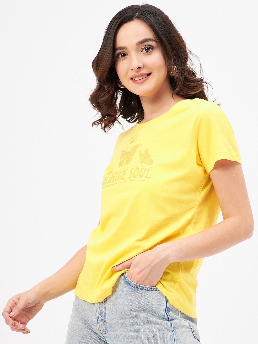 Mast & Harbour Yellow Typography Printed Pure Cotton T-shirt