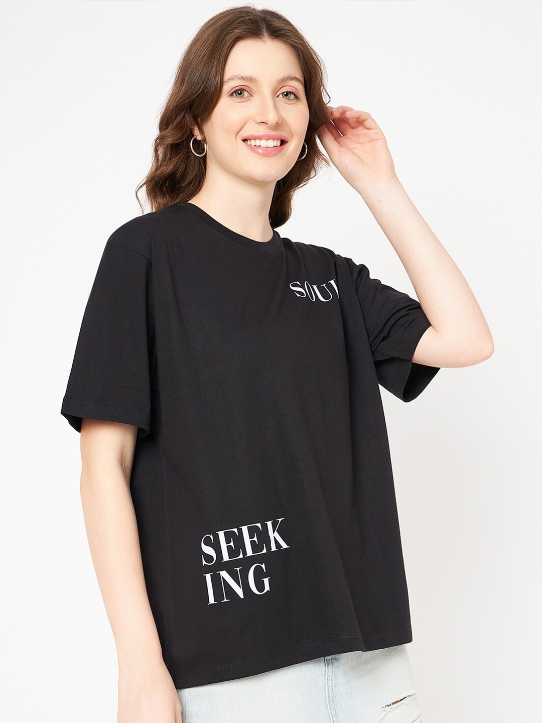 

Mast & Harbour Black Typography Printed Pure Cotton T-shirt