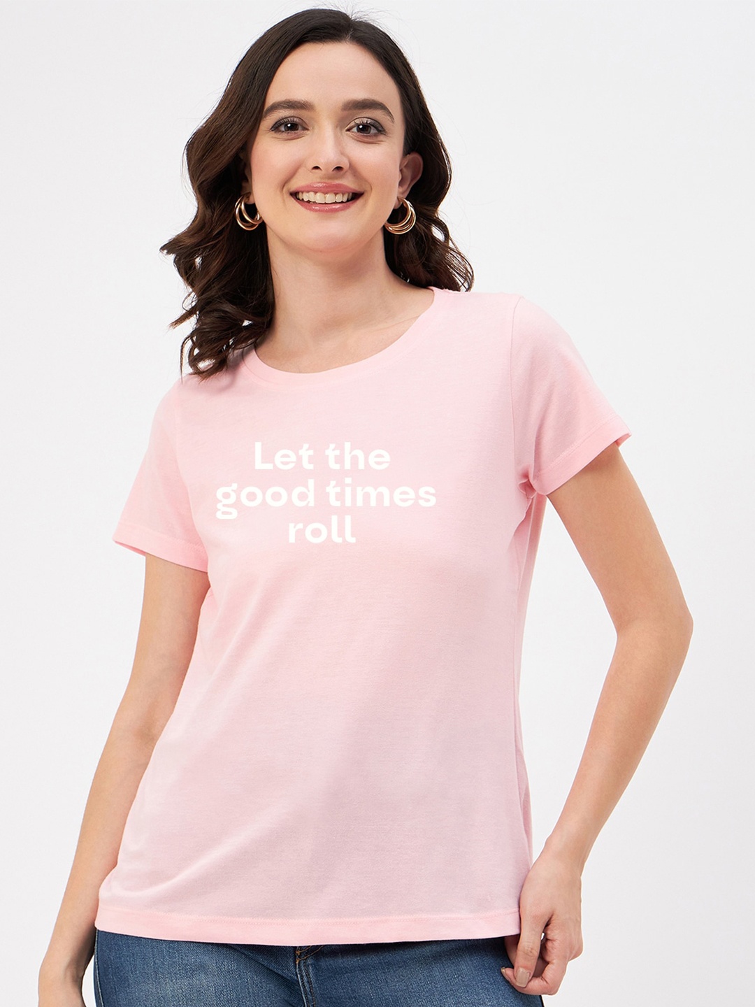 

Mast & Harbour Pink Typography Printed Pure Cotton T-shirt