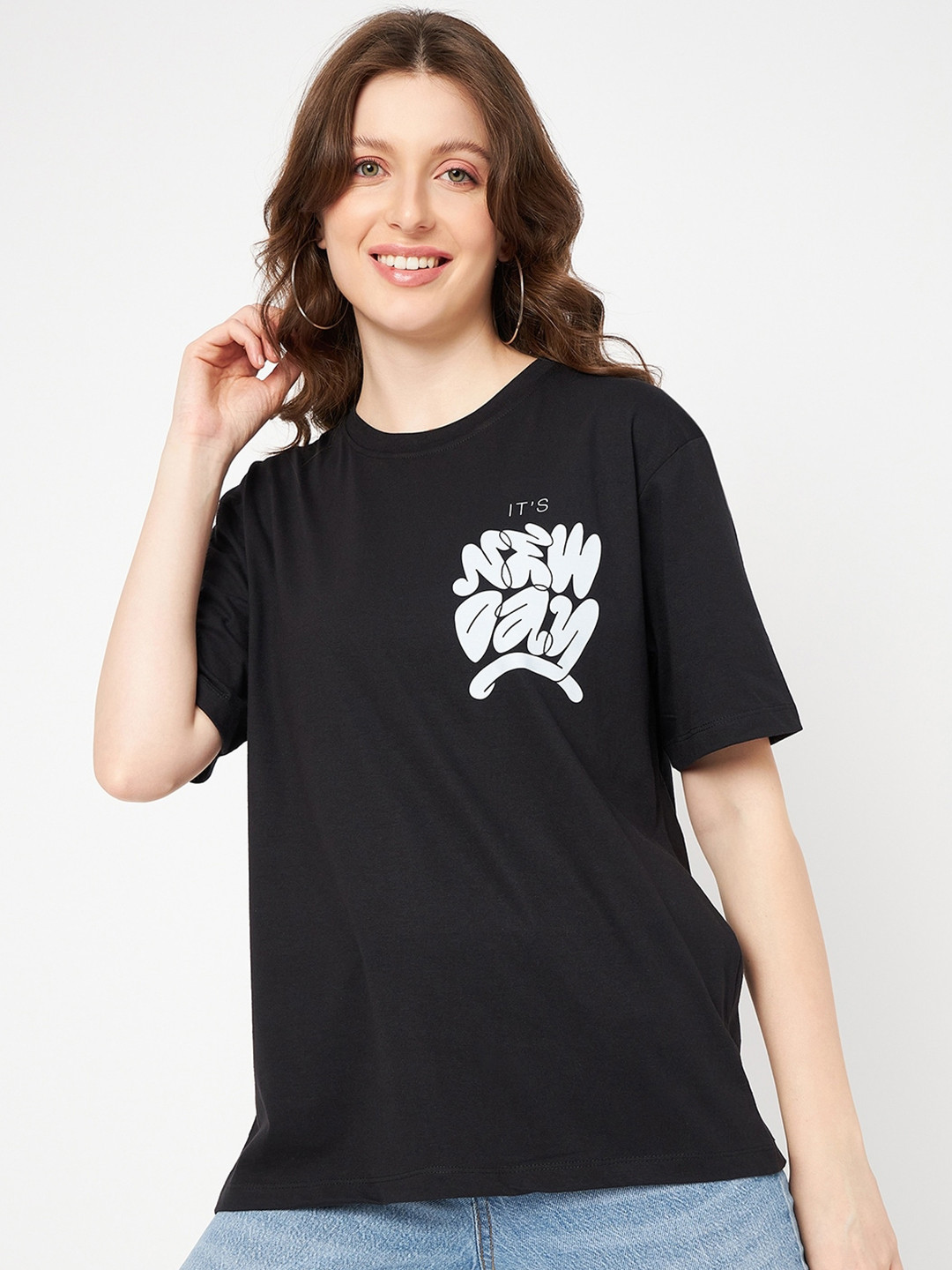 

Mast & Harbour Black Typography Printed Pure Cotton T-shirt