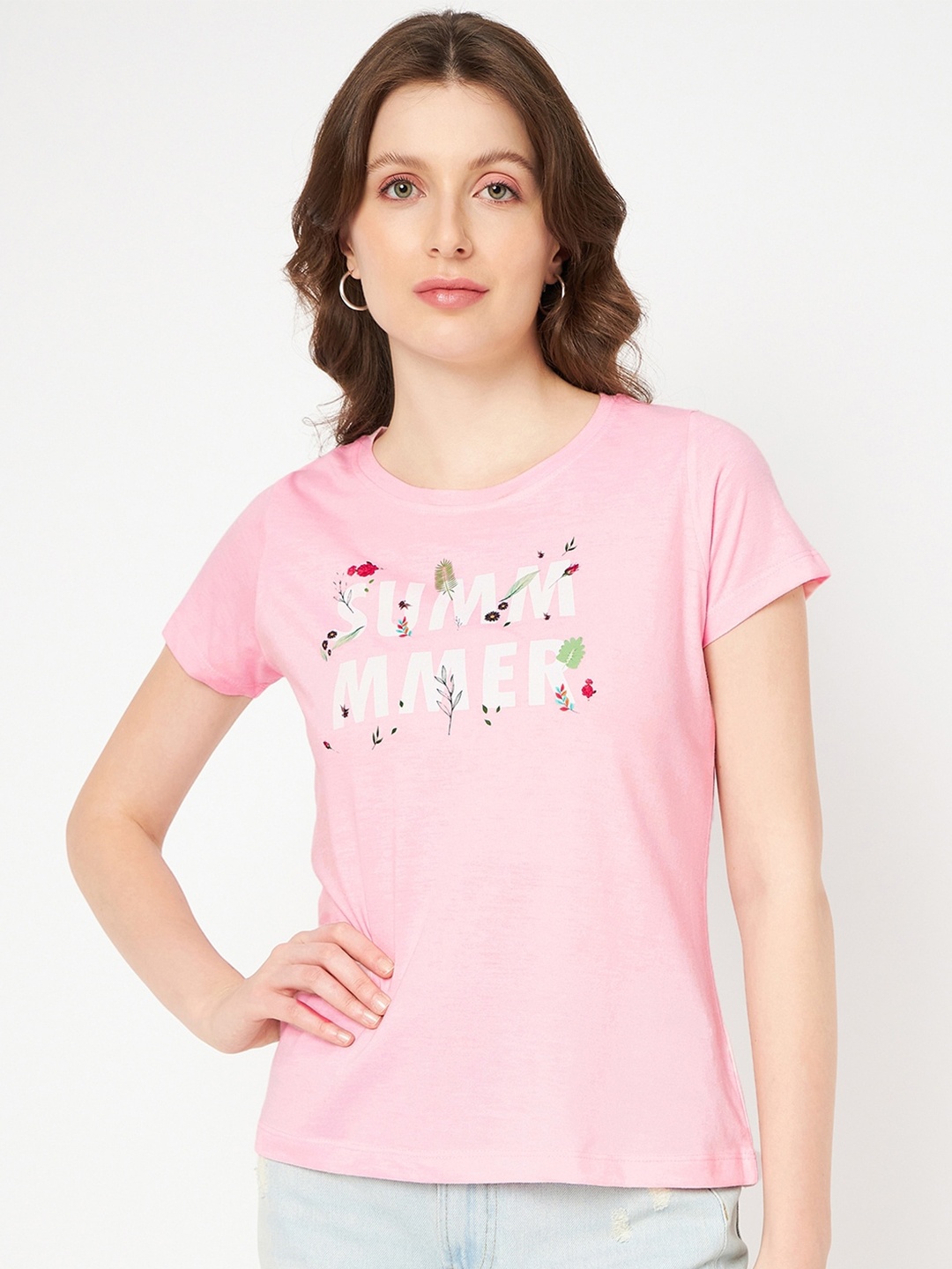 Mast & Harbour Pink Typography Printed Pure Cotton T-shirt