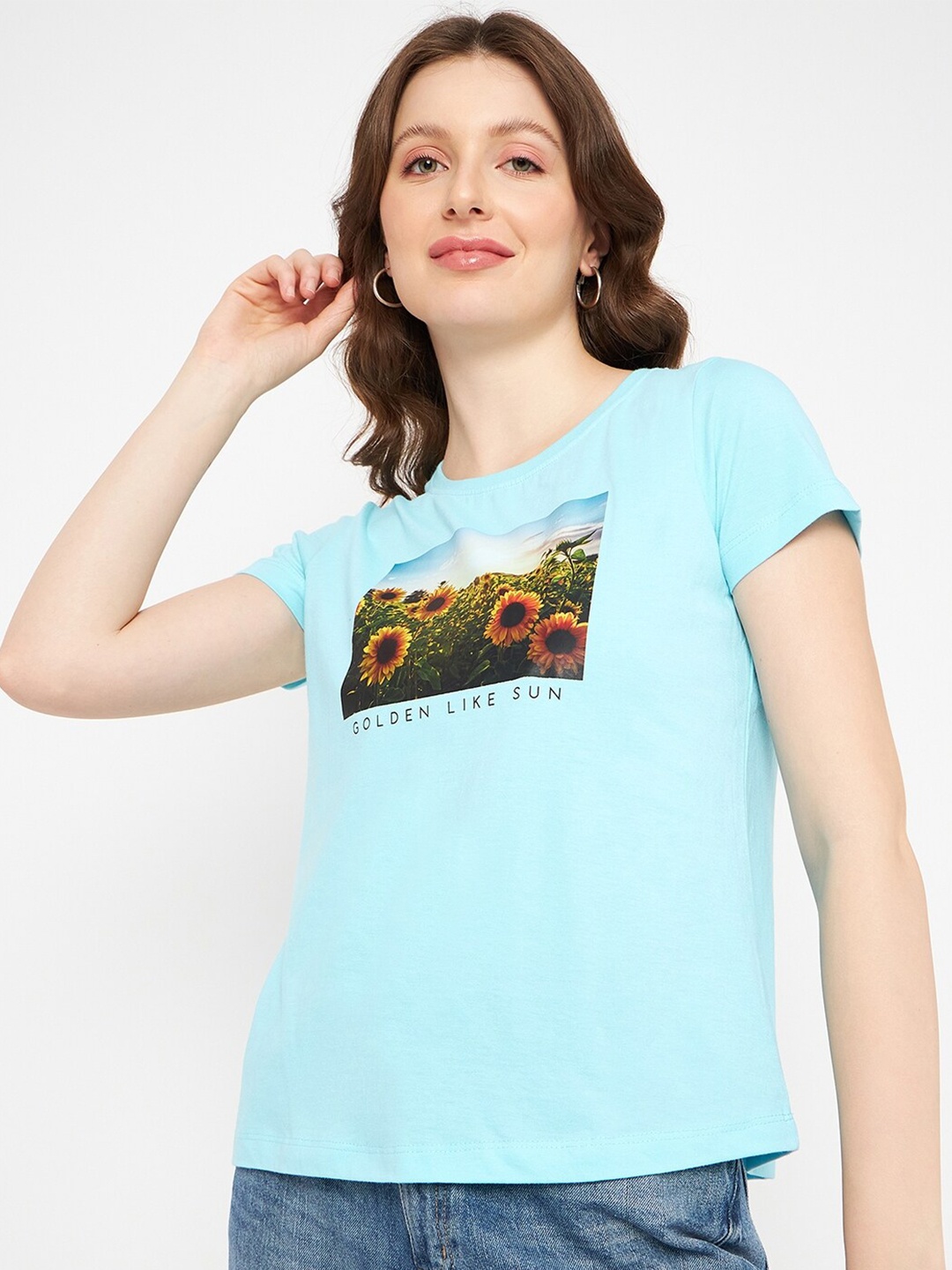 

Mast & Harbour Blue Floral Printed Pure Cotton T-shirt