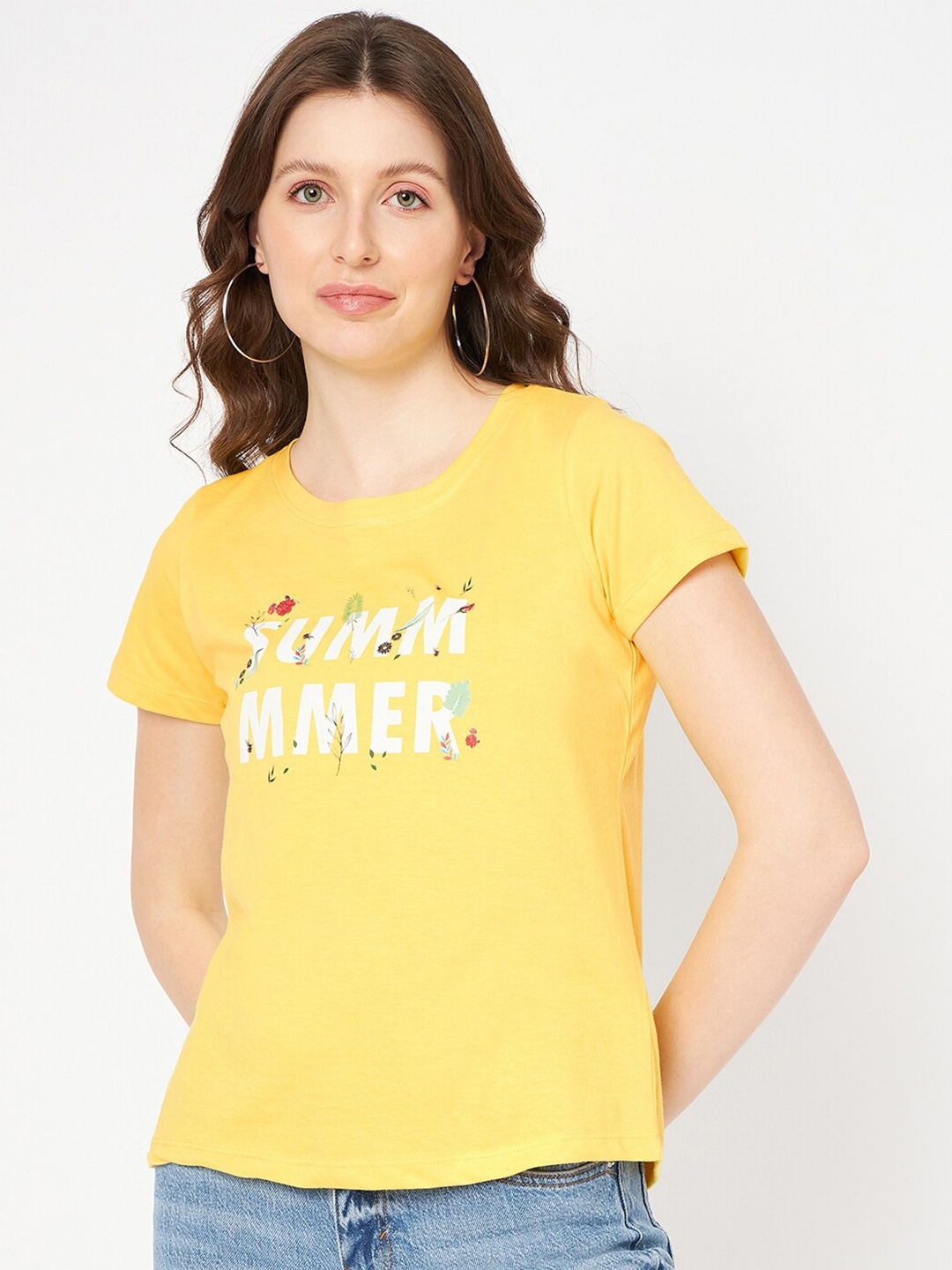 

Mast & Harbour Yellow & White Typography Printed Pure Cotton T-shirt