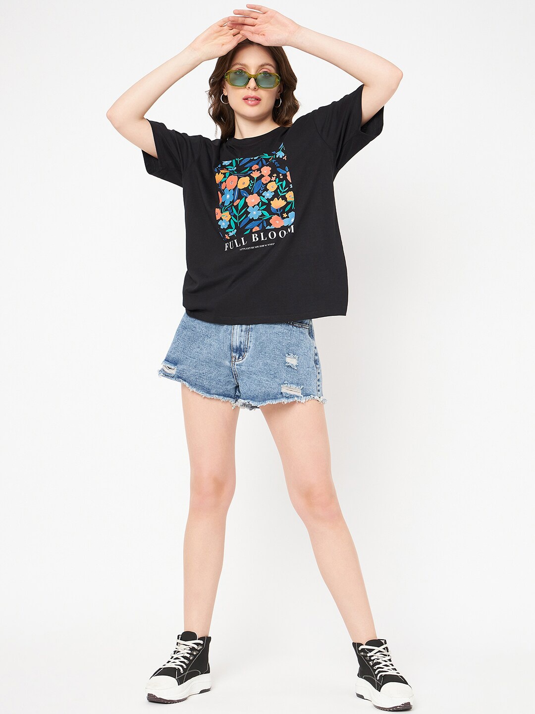 

Mast & Harbour Black & Blue Graphic Printed Pure Cotton Raw Edge T-shirt