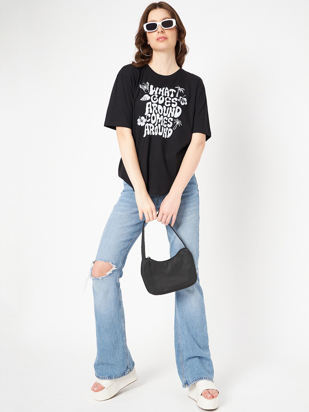 

Mast & Harbour Black & White Typography Printed Pure Cotton T-shirt