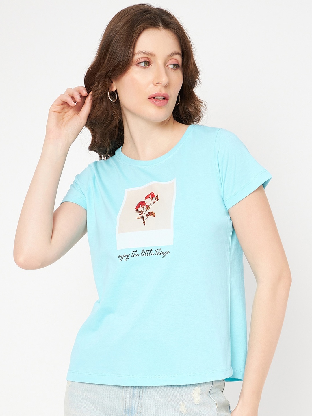 

Mast & Harbour Blue Graphic Printed Pure Cotton T-shirt