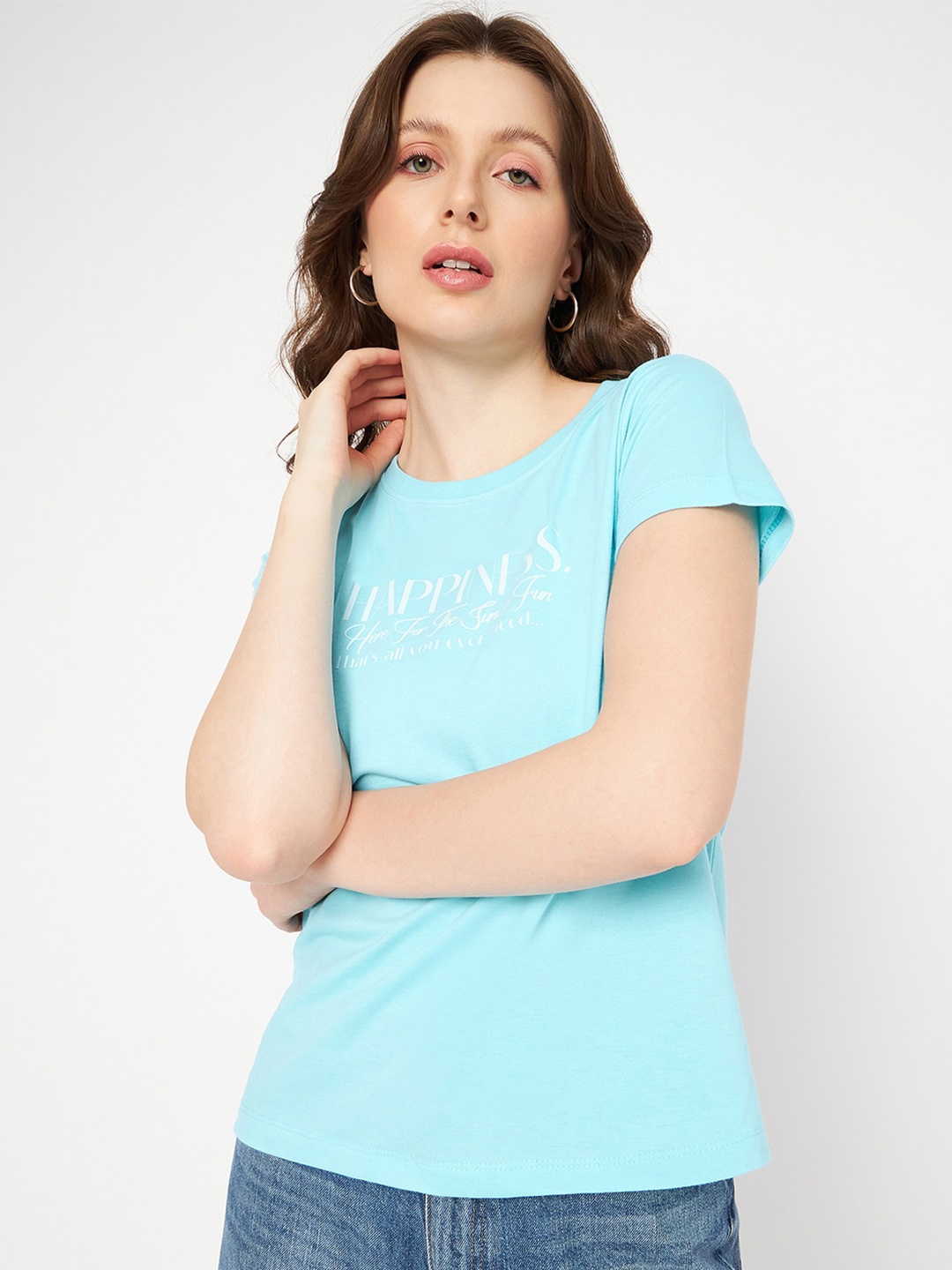 

Mast & Harbour Blue Typography Printed Pure Cotton T-shirt