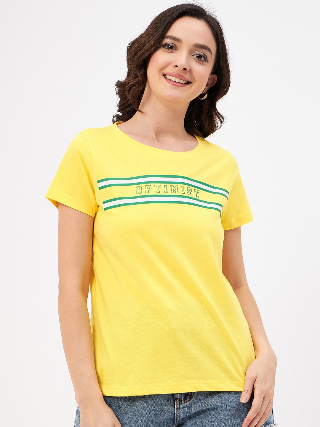 

Mast & Harbour Yellow & Blue Typography Printed Pure Cotton T-shirt