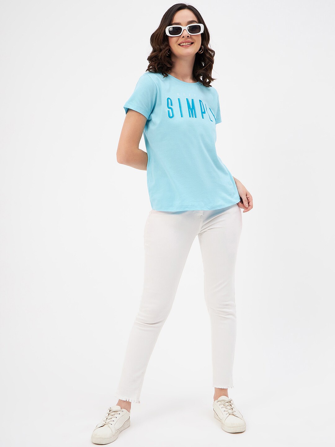 Mast & Harbour Blue Typography Printed Pure Cotton T-shirt