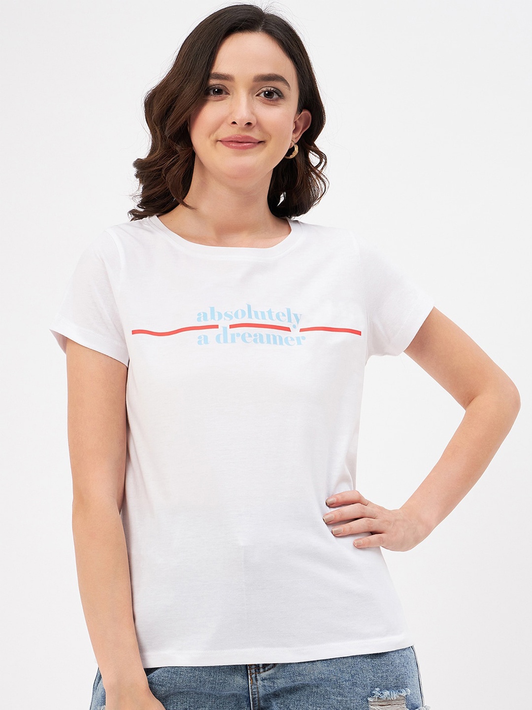 Mast & Harbour White Typography Printed Pure Cotton T-shirt