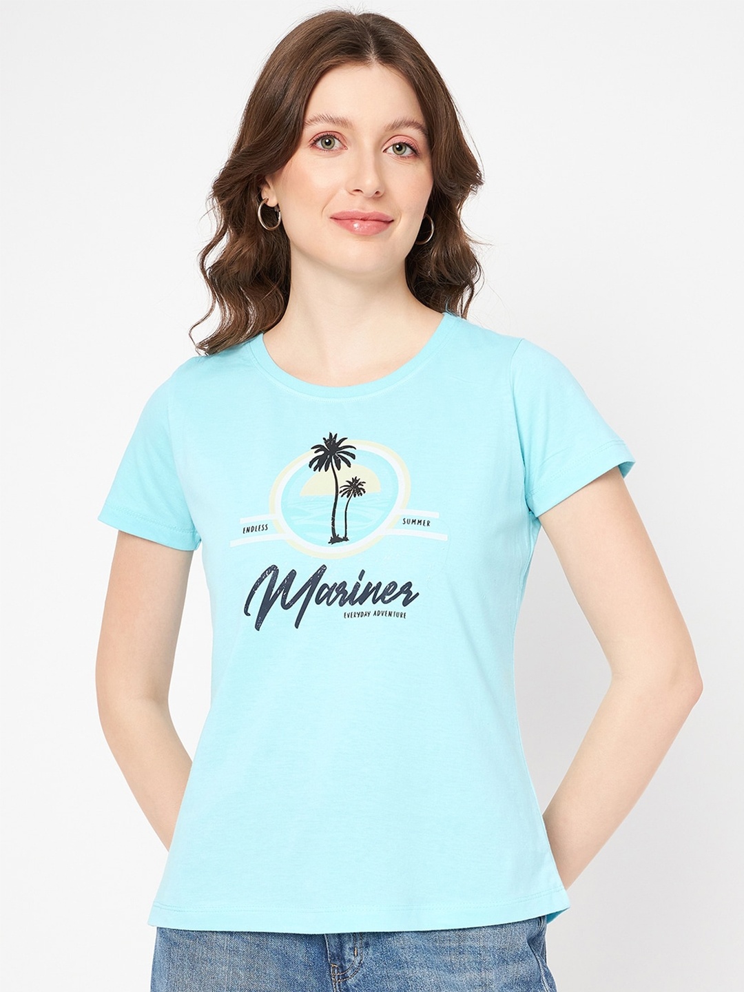 

Mast & Harbour Blue Typography Printed Pure Cotton T-shirt